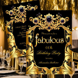 Invitación Elegant Birthday Party Silk Gold Black Damask Gems