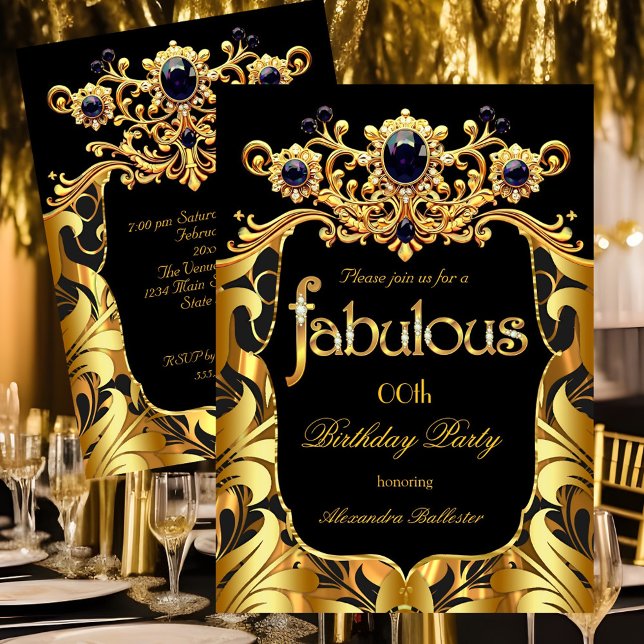 Invitación Elegant Birthday Party Silk Gold Black Damask Gems (Subido por el creador)
