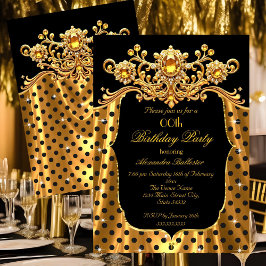 Invitación Elegant Birthday Party Silk Gold Black Polka Dots
