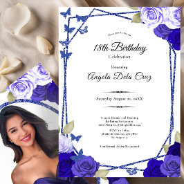 Invitación Elegant Black and Blue Roses 18th Birthday Debut 