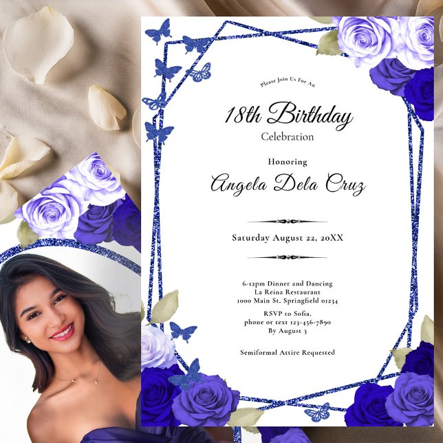 Invitación Elegant Black and Blue Roses 18th Birthday Debut  (Subido por el creador)