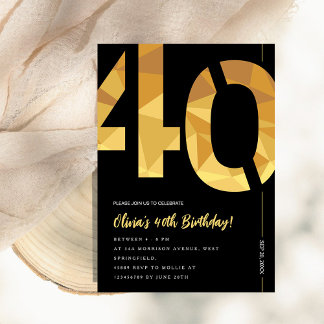 Invitación Elegant black and gold 40th Birthday Party