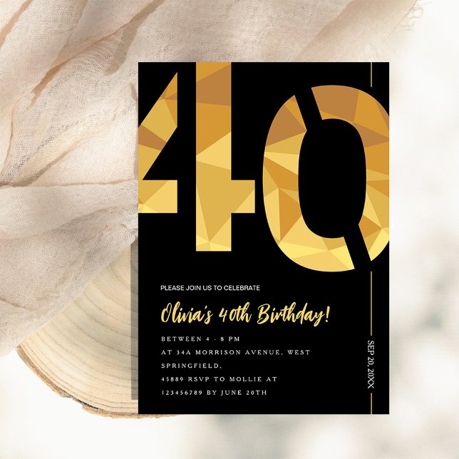 Invitación Elegant black and gold 40th Birthday Party (Subido por el creador)