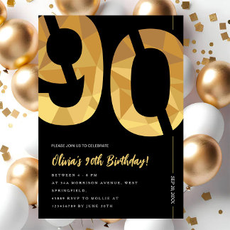 Invitación Elegant black and gold 90th Birthday Party