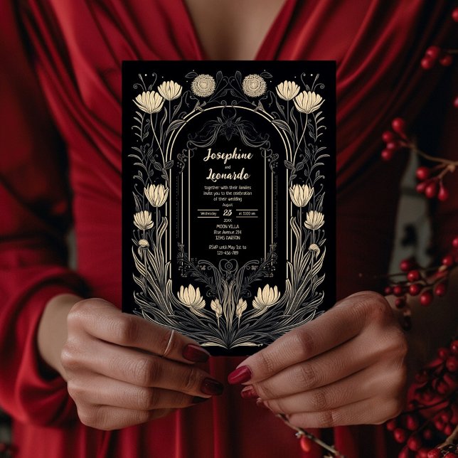 Invitación Elegant Black and Gold Art Nouveau Floral Wedding  (Subido por el creador)