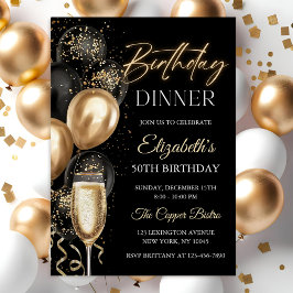 Invitación Elegant Black and Gold Balloons Birthday Dinner