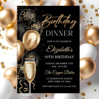 Invitación Elegant Black and Gold Balloons Birthday Dinner