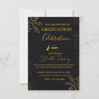 Invitación Elegant Black and Gold Floral Graduation Party