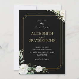 Invitación Elegant Black and Gold Floral Photo Wedding