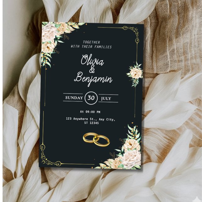 Invitación Elegant Black and Gold Floral Wedding Invitation (Subido por el creador)