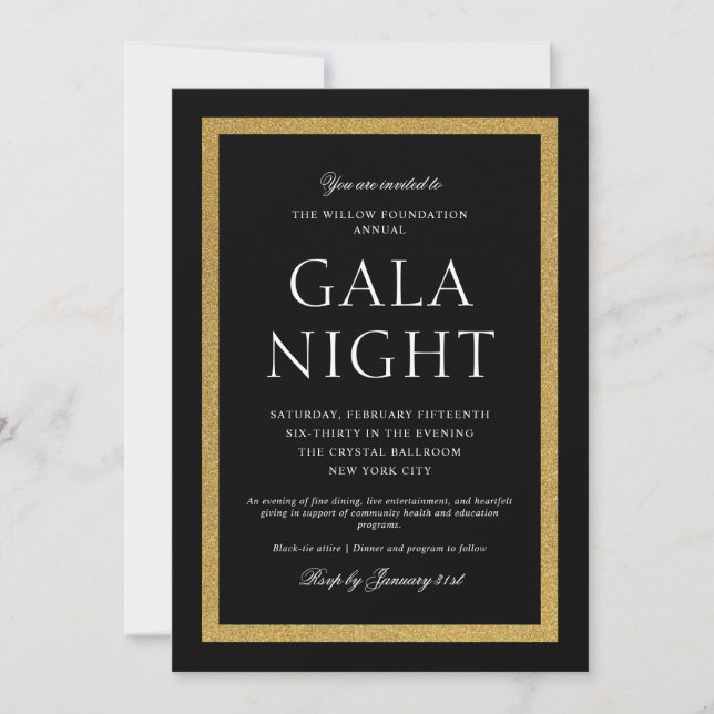 Invitación Elegant Black and Gold Gala Night (Anverso)