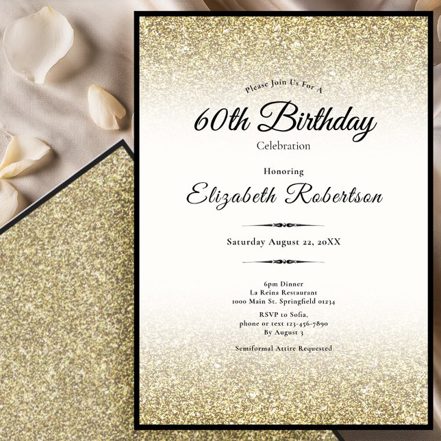 Invitación Elegant Black and Gold Glitter 60th Birthday  (Subido por el creador)