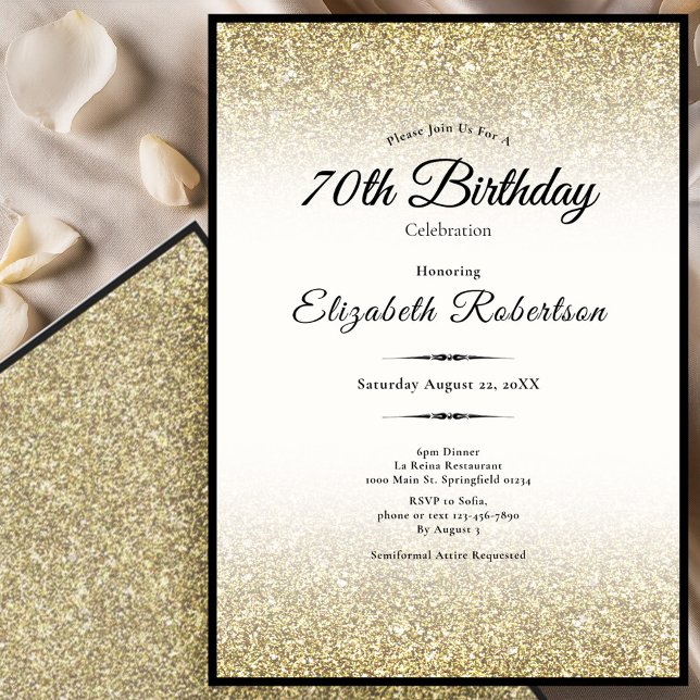 Invitación Elegant Black and Gold Glitter 70th Birthday  (Subido por el creador)