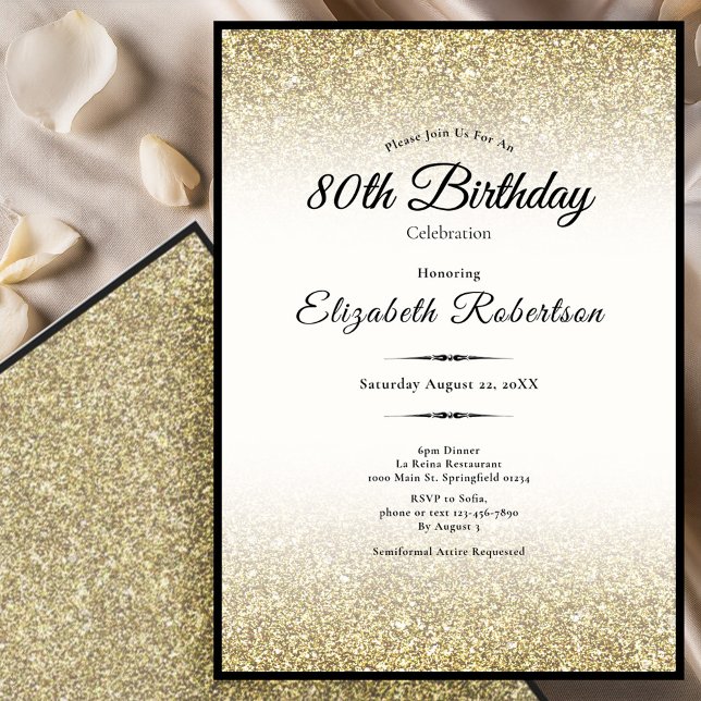 Invitación Elegant Black and Gold Glitter 80th Birthday  (Subido por el creador)