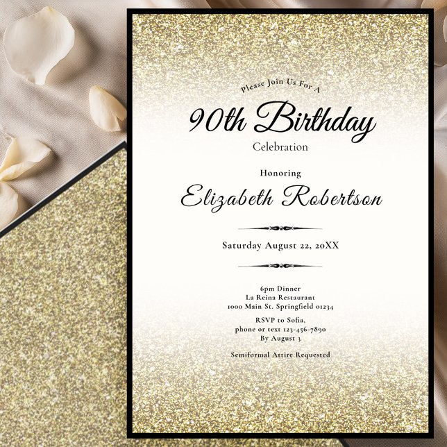 Invitación Elegant Black and Gold Glitter 90th Birthday  (Subido por el creador)