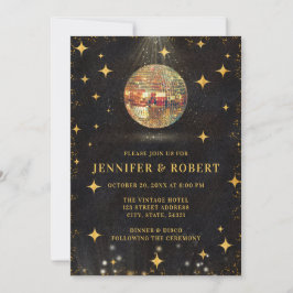 Invitación Elegant Black and Gold Glitter Disco Balls Wedding