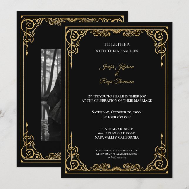 Invitación Elegant black and gold Gothic wedding Invitation (Anverso / Reverso)