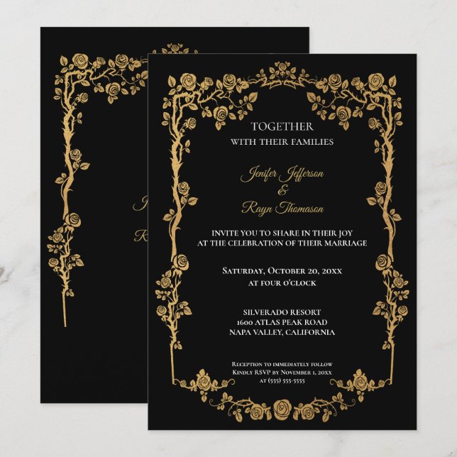 Invitación Elegant black and gold Gothic wedding Invitation (Anverso / Reverso)