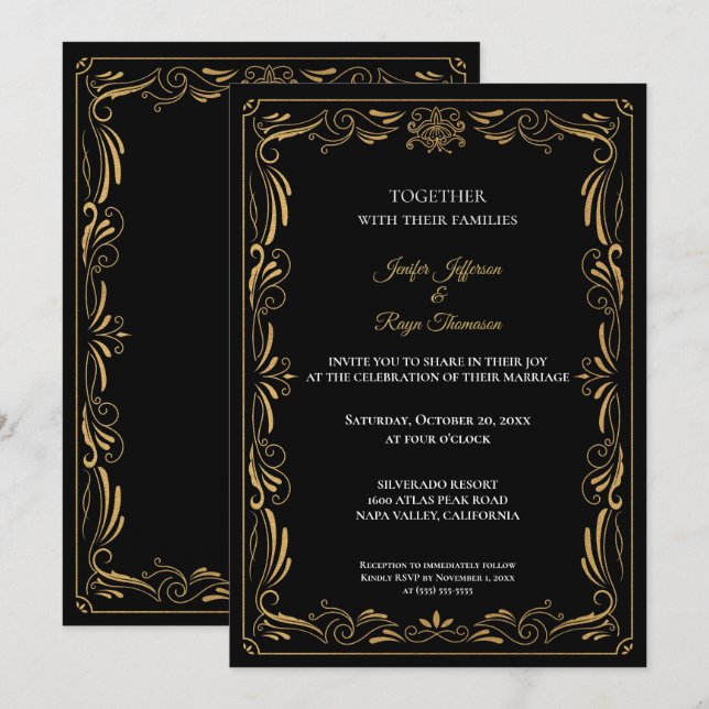 Invitación Elegant black and gold Gothic wedding Invitation (Anverso / Reverso)