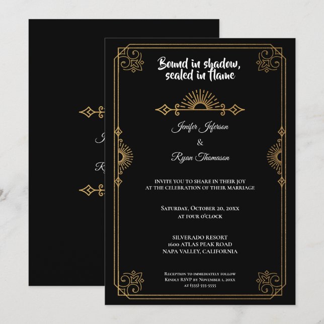 Invitación Elegant black and gold Gothic wedding Invitation (Anverso / Reverso)
