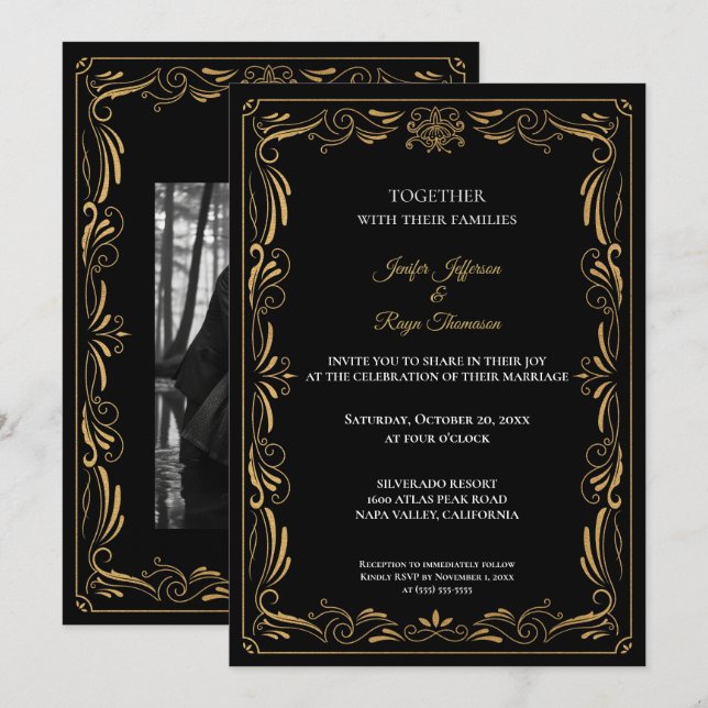 Invitación Elegant black and gold Gothic wedding Invitation (Anverso / Reverso)