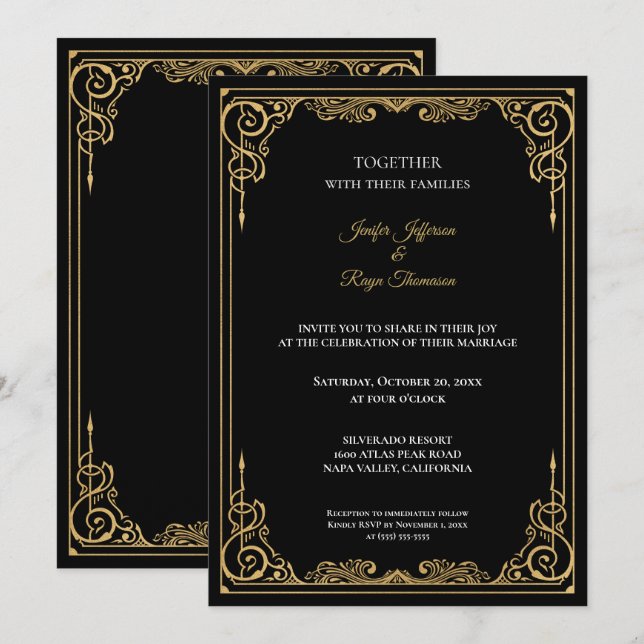 Invitación Elegant black and gold Gothic wedding Invitation (Anverso / Reverso)