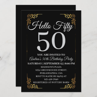 Invitación Elegant Black and Gold Hello 50th For Women 