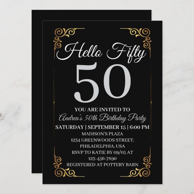 Invitación Elegant Black and Gold Hello 50th For Women  (Anverso / Reverso)