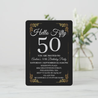 Invitación Elegant Black and Gold Hello 50th For Women 