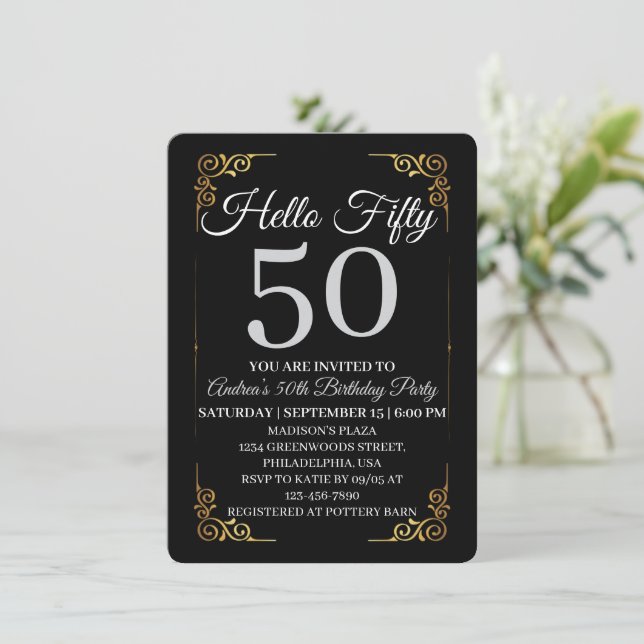 Invitación Elegant Black and Gold Hello 50th For Women  (Anverso de pie)
