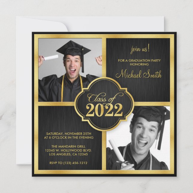 Invitación Elegant Black and Gold Modern Class of 2022  (Anverso)