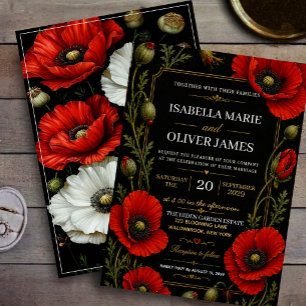 Invitación Elegant Black and Gold Red Poppy Vintage Floral