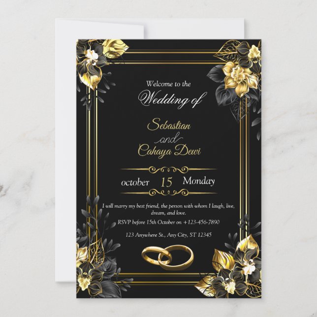 Invitación Elegant black and gold summer wedding (Anverso)
