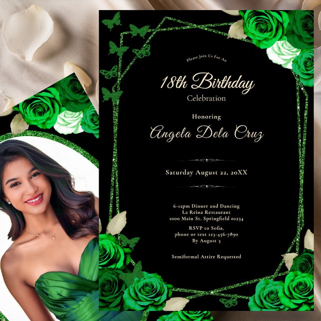 Invitación Elegant Black and Green Rose 18th Birthday Debut  (Subido por el creador)