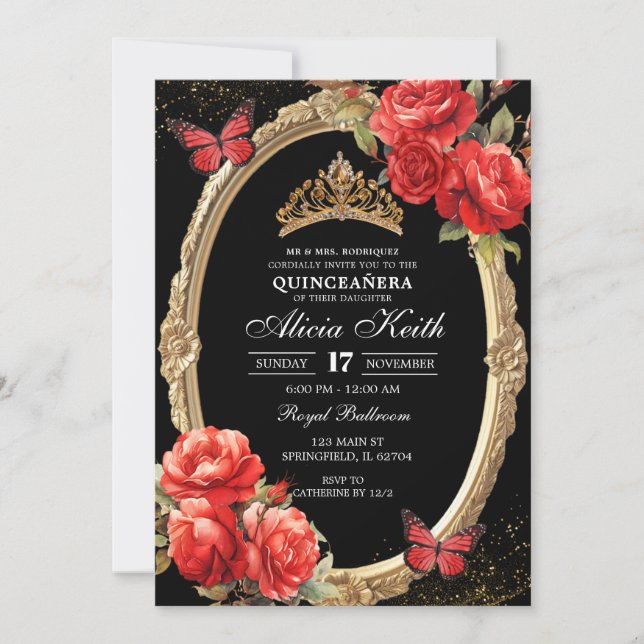 Invitación Elegant Black and Red Roses Gold Quinceanera (Anverso)