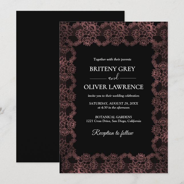 Invitación Elegant Black and Rose Gold Floral Lace Wedding  (Anverso / Reverso)
