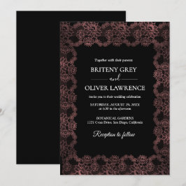 Invitación Elegant Black and Rose Gold Floral Lace Wedding 