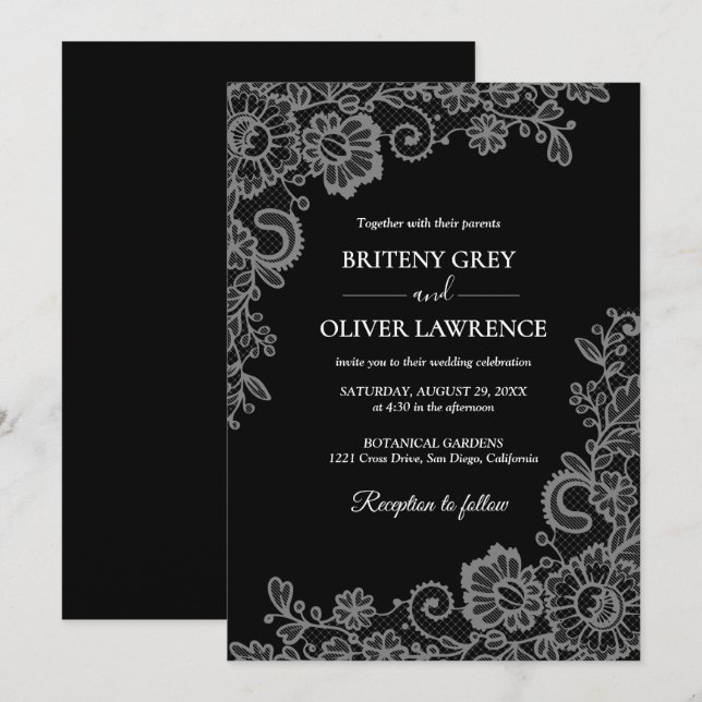 Invitación Elegant Black and Silver Floral Lace Wedding  (Anverso / Reverso)