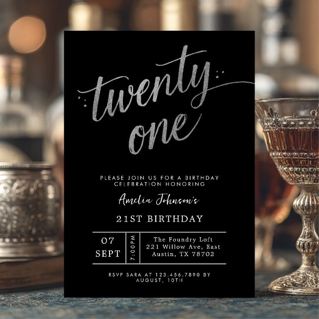 Invitación Elegant Black and Silver Twenty One 21st Birthday (Twenty-one and dazzling ✨ Celebrate your milestone with this chic black and silver invite.)