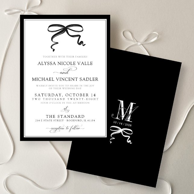 Invitación Elegant Black and White Bow Simple Modern Wedding (Elegant modern black and white bow simple calligraphy script minimalist monogram wedding invitation)
