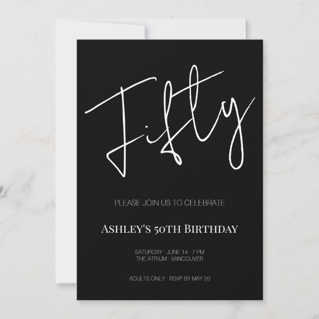 Invitación Elegant Black and White Fifty 50th Birthday (Anverso)