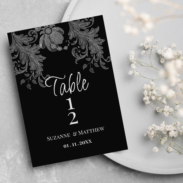 Invitación  Elegant black and white floral lace Table Numbers (Elegant black and white floral lace Table Numbers)