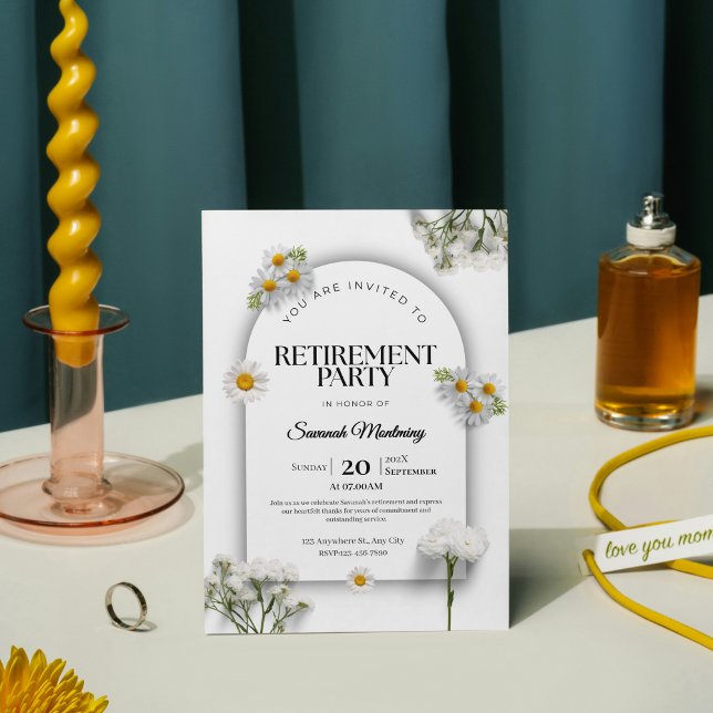 Invitación Elegant Black and White Floral Retirement Party  (Elegant Black and White Calligraphy Retirement Par Invitation)