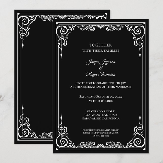 Invitación Elegant black and white Gothic wedding Invitation (Anverso / Reverso)