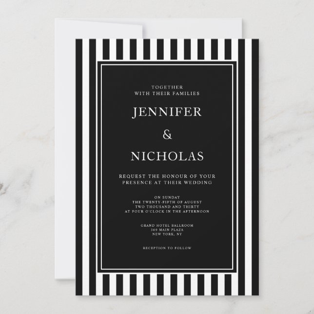 Invitación Elegant Black And White Stripes Wedding (Anverso)