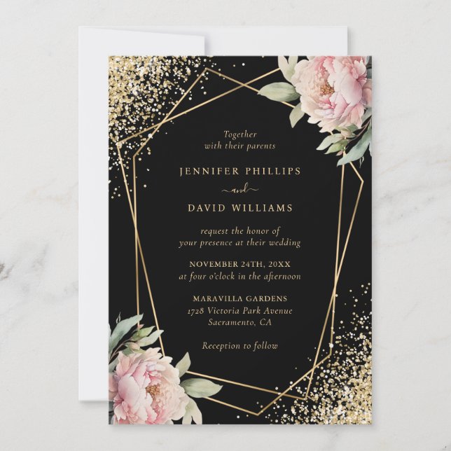 Invitación Elegant Black Blush Pink Peony Geo Gold Wedding (Anverso)