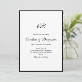 Invitación Elegant Black Border White Script Monogram Wedding