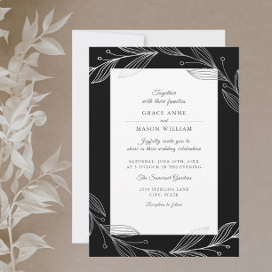 Invitación Elegant Black Botanical Silver Leaves Wedding