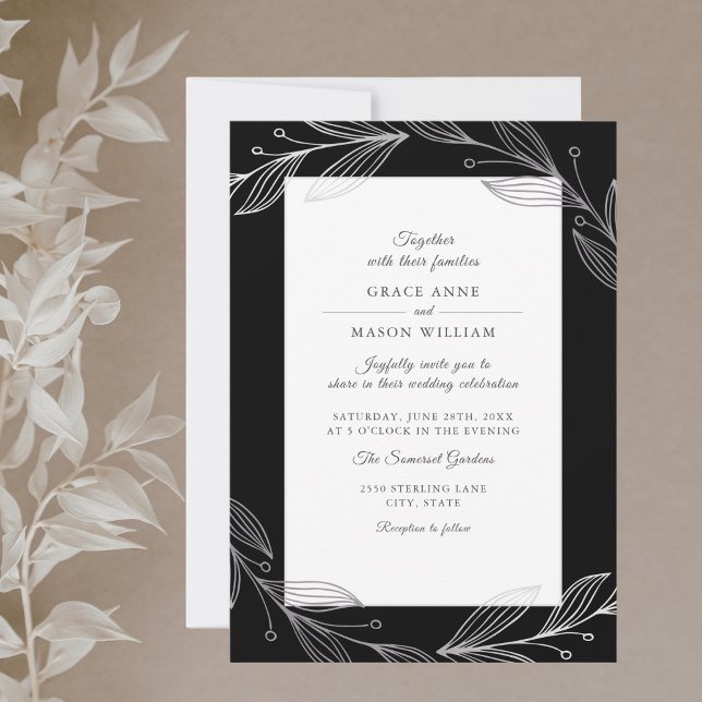 Invitación Elegant Black Botanical Silver Leaves Wedding (Subido por el creador)