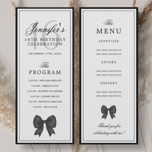 Invitación Elegant Black Bow 16th Birthday Program Menu  (Elegant Black Bow 16th Birthday Program Menu )
